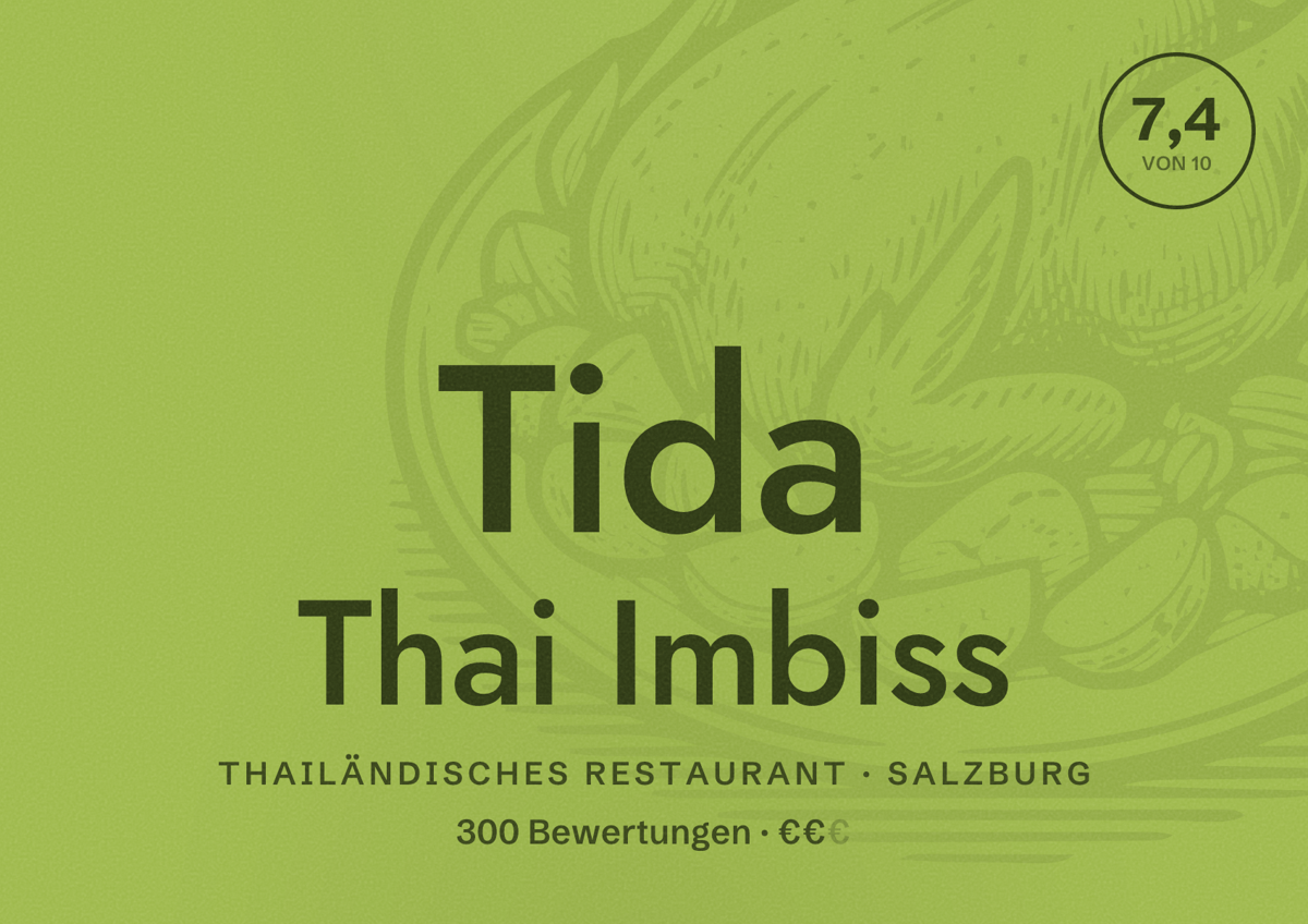 Illustriertes Poster von Tida Thai Imbiss, Thailändisches Restaurant in Salzburg: Bewertung 7,4 von 10 aus 300 Bewertungen, Preisniveau €€