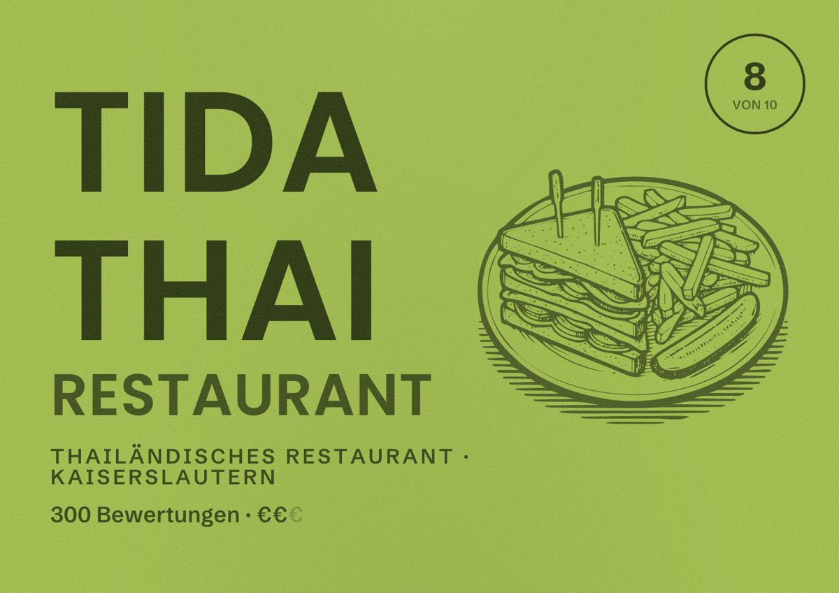 Illustriertes Poster von TIDA THAI RESTAURANT, Thailändisches Restaurant in Kaiserslautern: Bewertung 8 von 10 aus 300 Bewertungen, Preisniveau €€