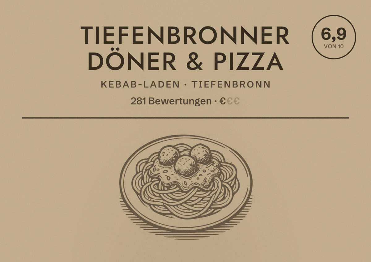 Illustriertes Poster von Tiefenbronner Döner & Pizza, Kebab-Laden in Tiefenbronn: Bewertung 6,9 von 10 aus 281 Bewertungen, Preisniveau €