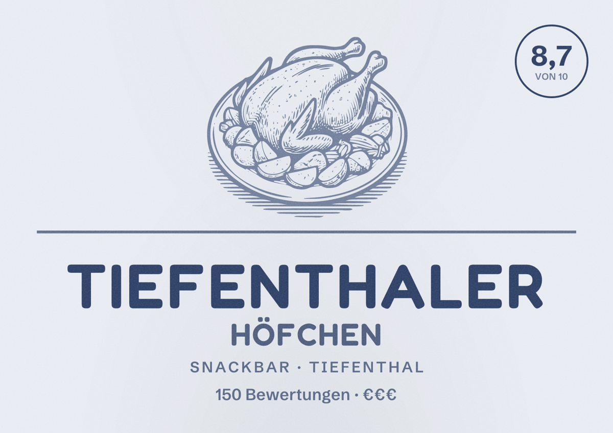 Illustriertes Poster von Tiefenthaler Höfchen, Snackbar in Tiefenthal: Bewertung 8,7 von 10 aus 150 Bewertungen, Preisniveau €€€