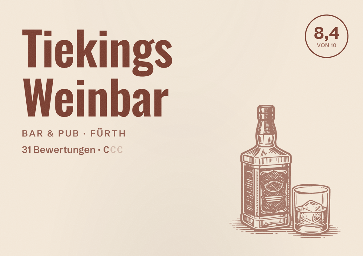 Illustriertes Poster von Tiekings Weinbar, Bar & Pub in Fürth: Bewertung 8,4 von 10 aus 31 Bewertungen, Preisniveau €