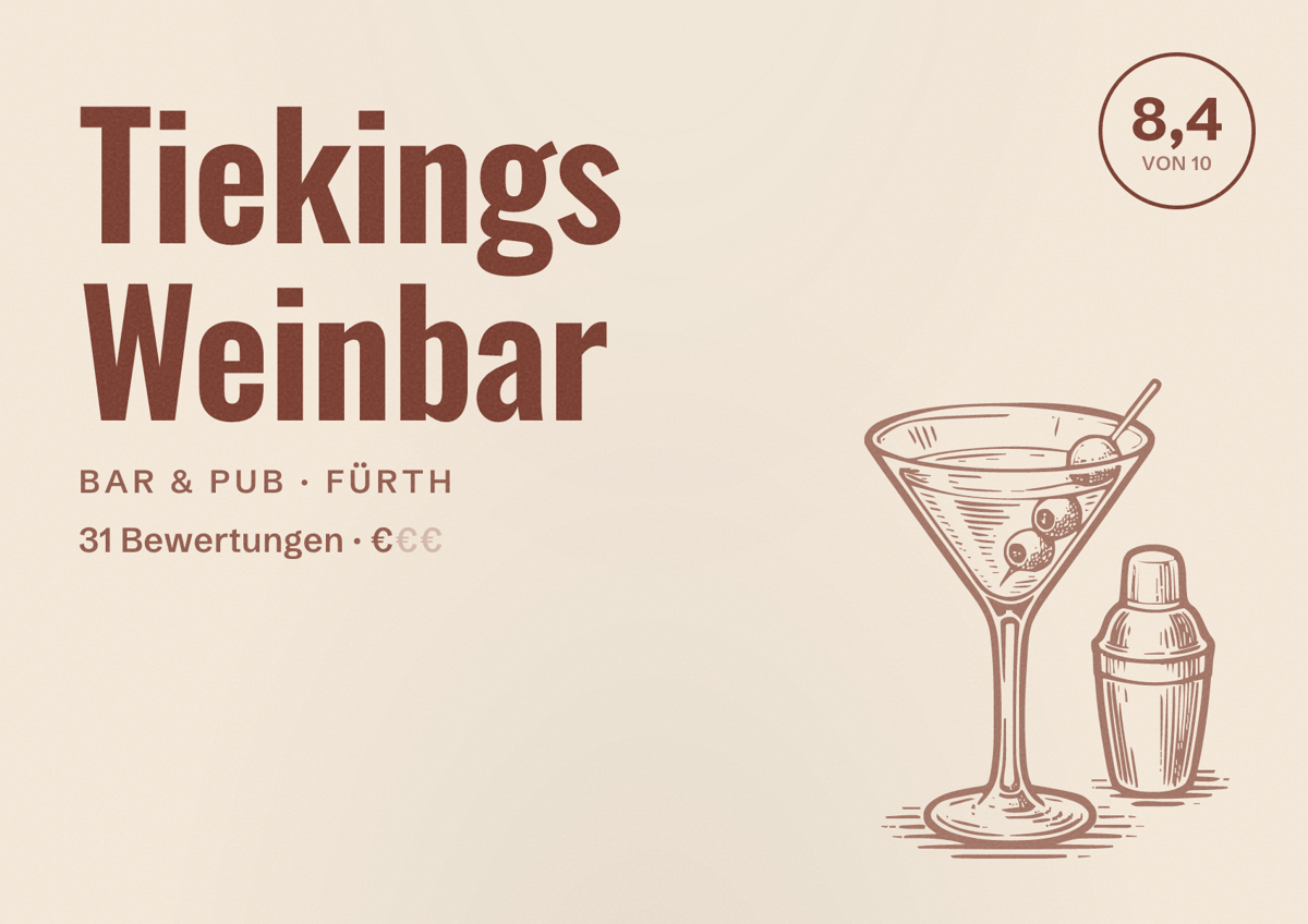 Illustriertes Poster von Tiekings Weinbar, Bar & Pub in Fürth: Bewertung 8,4 von 10 aus 31 Bewertungen, Preisniveau €
