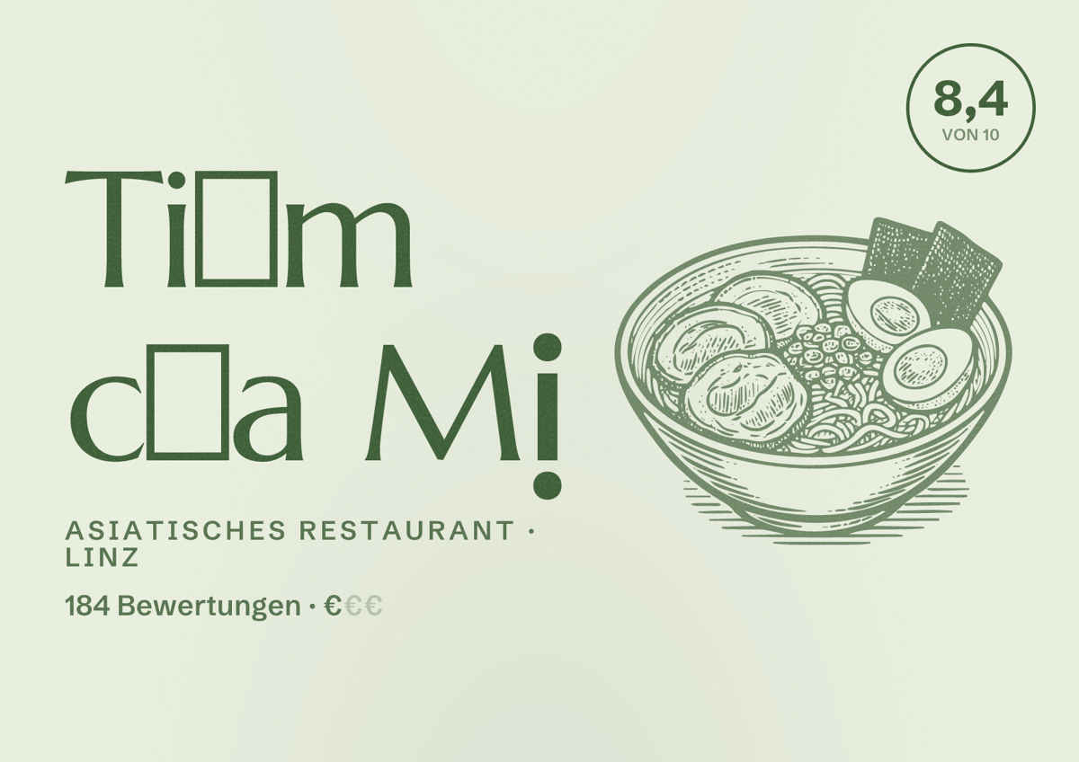 Illustriertes Poster von Tiệm của Mị, Asiatisches Restaurant in Linz: Bewertung 8,4 von 10 aus 184 Bewertungen, Preisniveau €