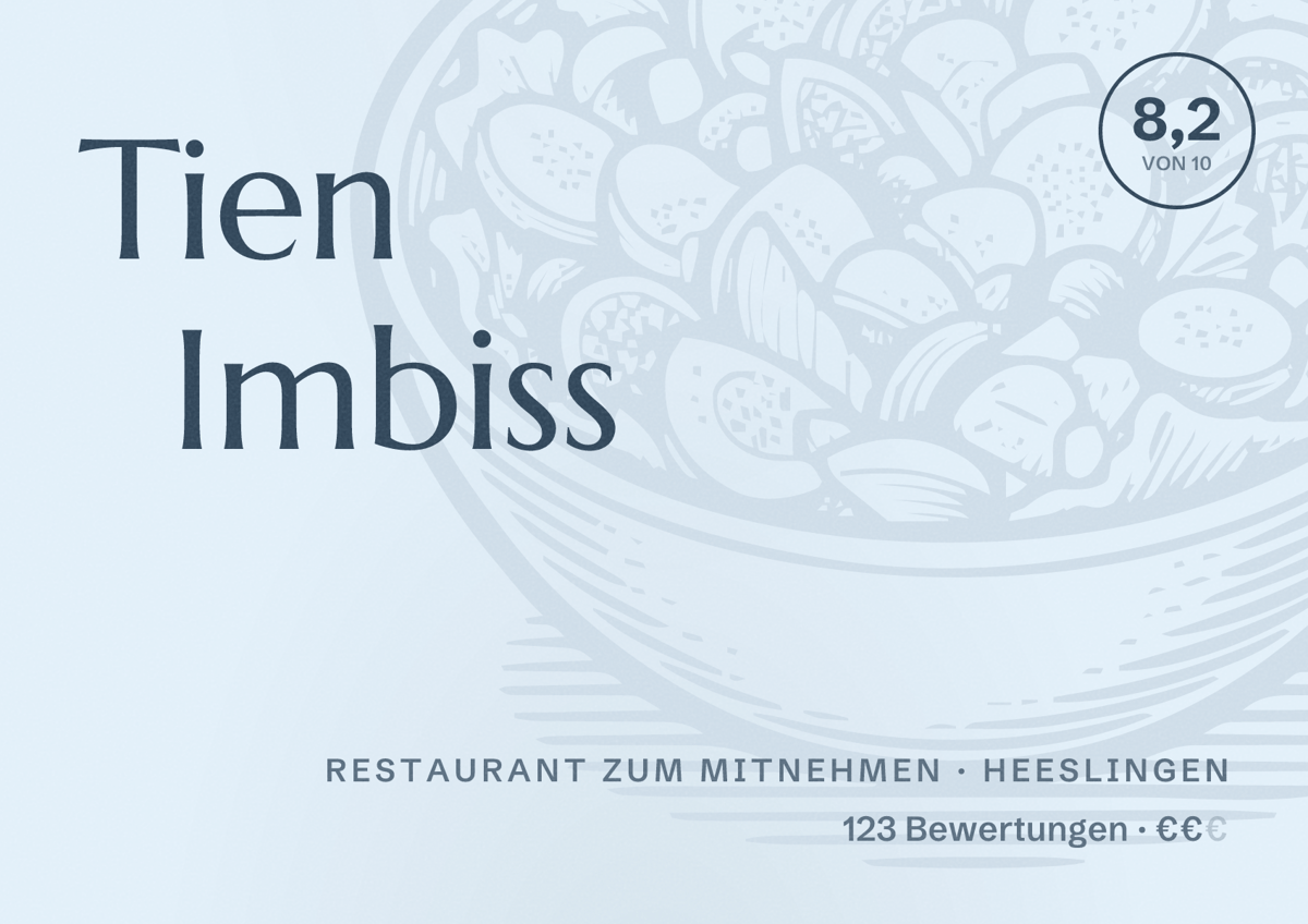 Illustriertes Poster von Tien Imbiss, Restaurant zum Mitnehmen in Heeslingen: Bewertung 8,2 von 10 aus 123 Bewertungen, Preisniveau €€