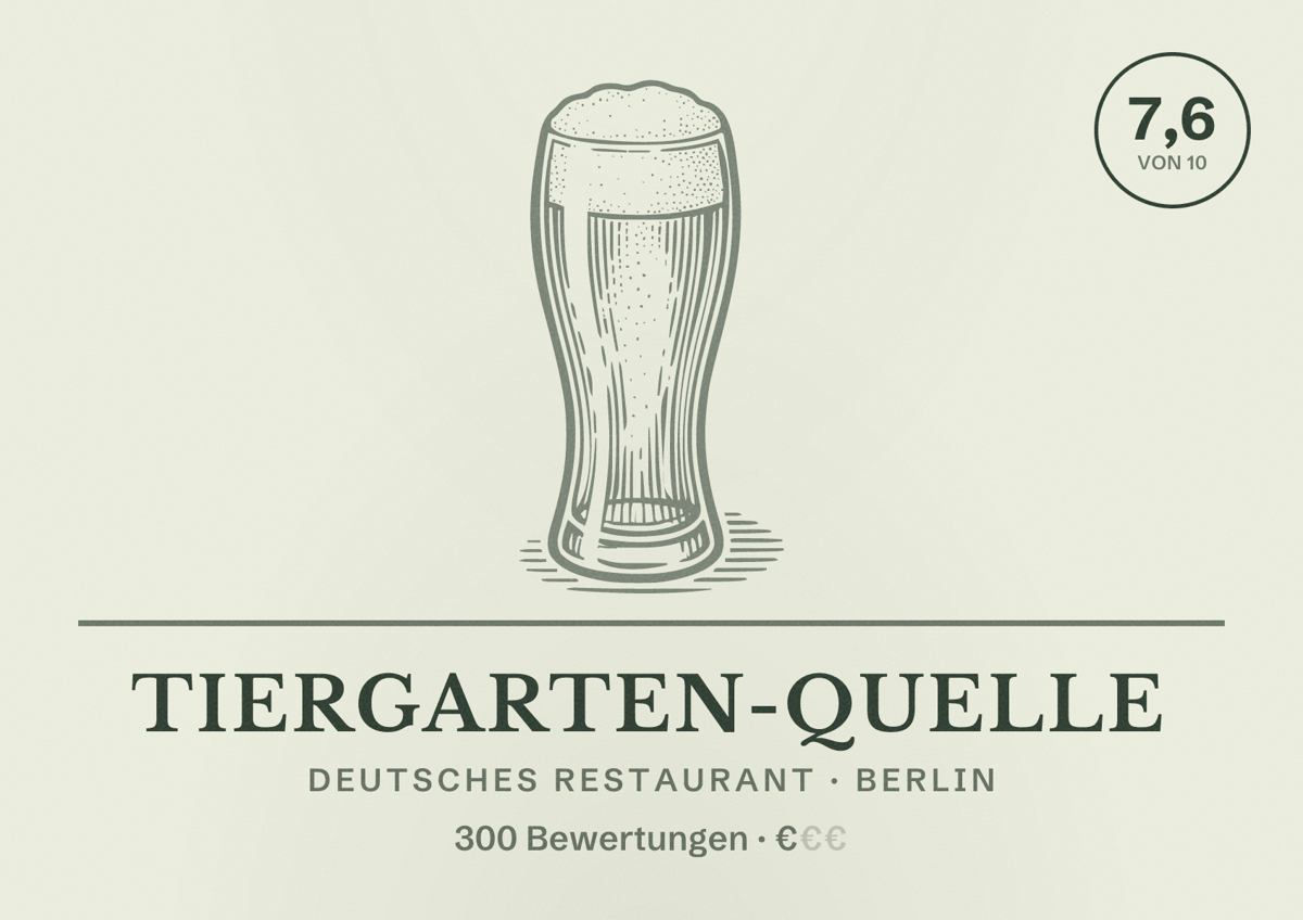 Illustriertes Poster von Tiergarten-Quelle, Deutsches Restaurant in Berlin: Bewertung 7,6 von 10 aus 300 Bewertungen, Preisniveau €