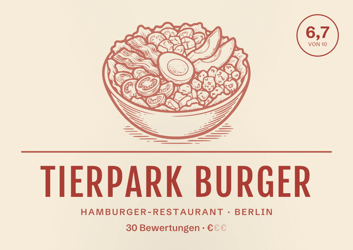 Illustriertes Poster von Tierpark Burger, Hamburger-Restaurant in Berlin: Bewertung 6,7 von 10 aus 30 Bewertungen, Preisniveau €