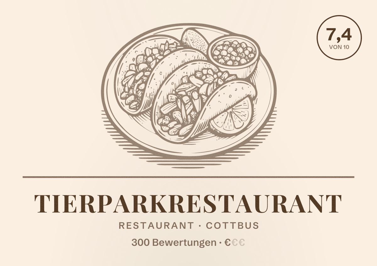 Illustriertes Poster von Tierparkrestaurant, Restaurant in Cottbus: Bewertung 7,4 von 10 aus 300 Bewertungen, Preisniveau €