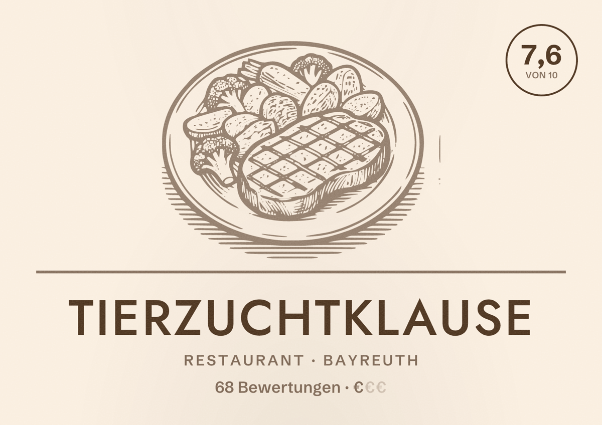 Illustriertes Poster von Tierzuchtklause, Restaurant in Bayreuth: Bewertung 7,6 von 10 aus 68 Bewertungen, Preisniveau €