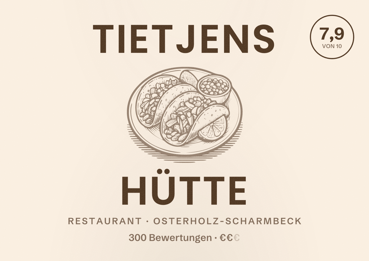 Illustriertes Poster von Tietjens Hütte, Restaurant in Osterholz-Scharmbeck: Bewertung 7,9 von 10 aus 300 Bewertungen, Preisniveau €€