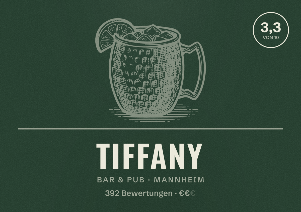 Illustriertes Poster von Tiffany, Bar & Pub in Mannheim: Bewertung 3,3 von 10 aus 392 Bewertungen, Preisniveau €€