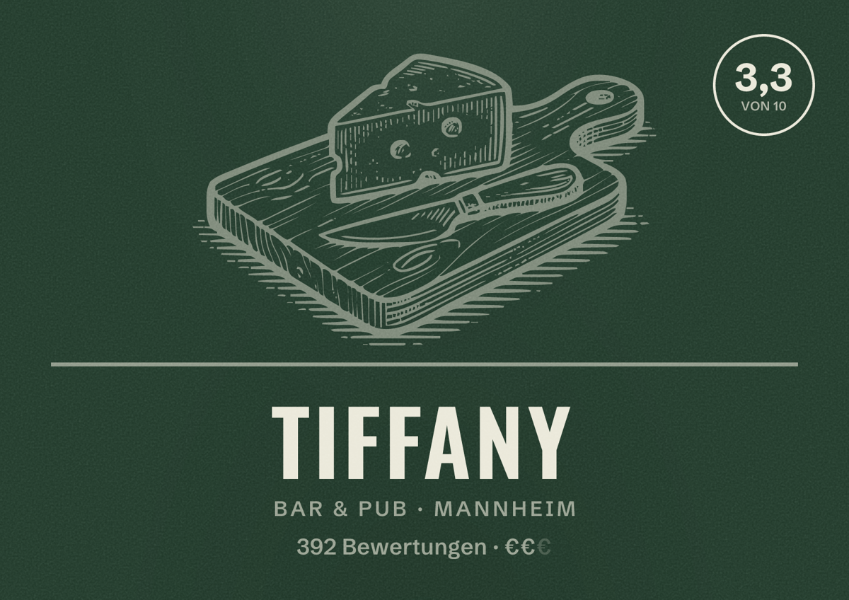 Illustriertes Poster von Tiffany, Bar & Pub in Mannheim: Gästebewertung 3,3 von 10 aus 392 Bewertungen