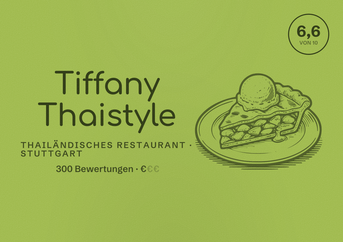 Illustriertes Poster von Tiffany Thaistyle, Thailändisches Restaurant in Stuttgart: Bewertung 6,6 von 10 aus 300 Bewertungen, Preisniveau €