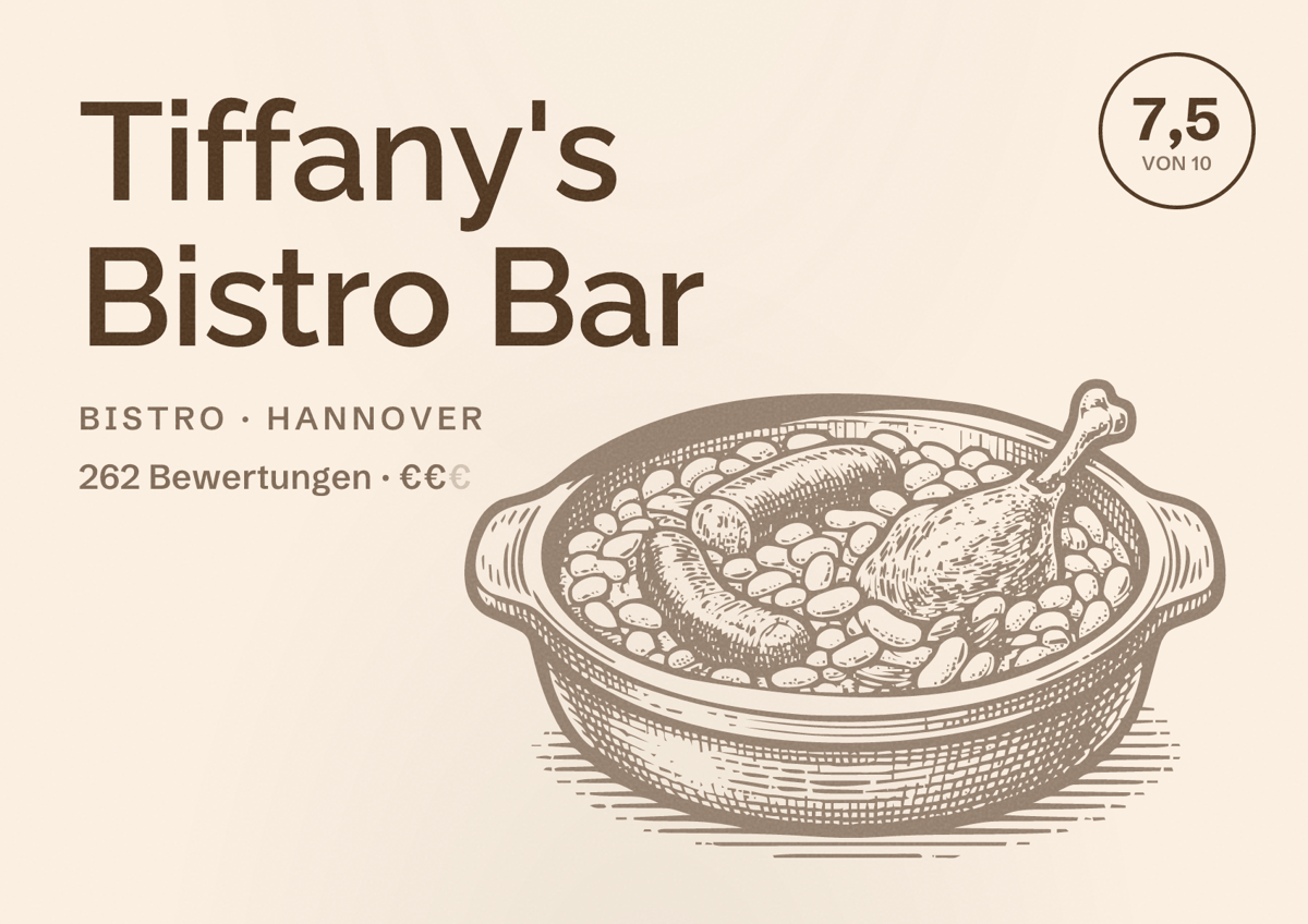 Illustriertes Poster von Tiffany's Bistro Bar, Bistro in Hannover: Gästebewertung 7,5 von 10 aus 262 Bewertungen