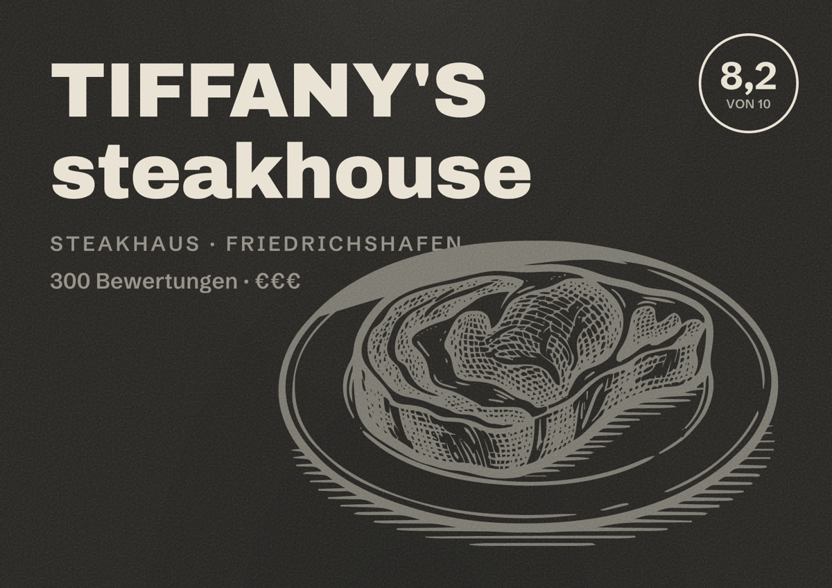 Illustriertes Poster von TIFFANY'S steakhouse, Steakhaus in Friedrichshafen: Bewertung 8,2 von 10 aus 300 Bewertungen, Preisniveau €€€
