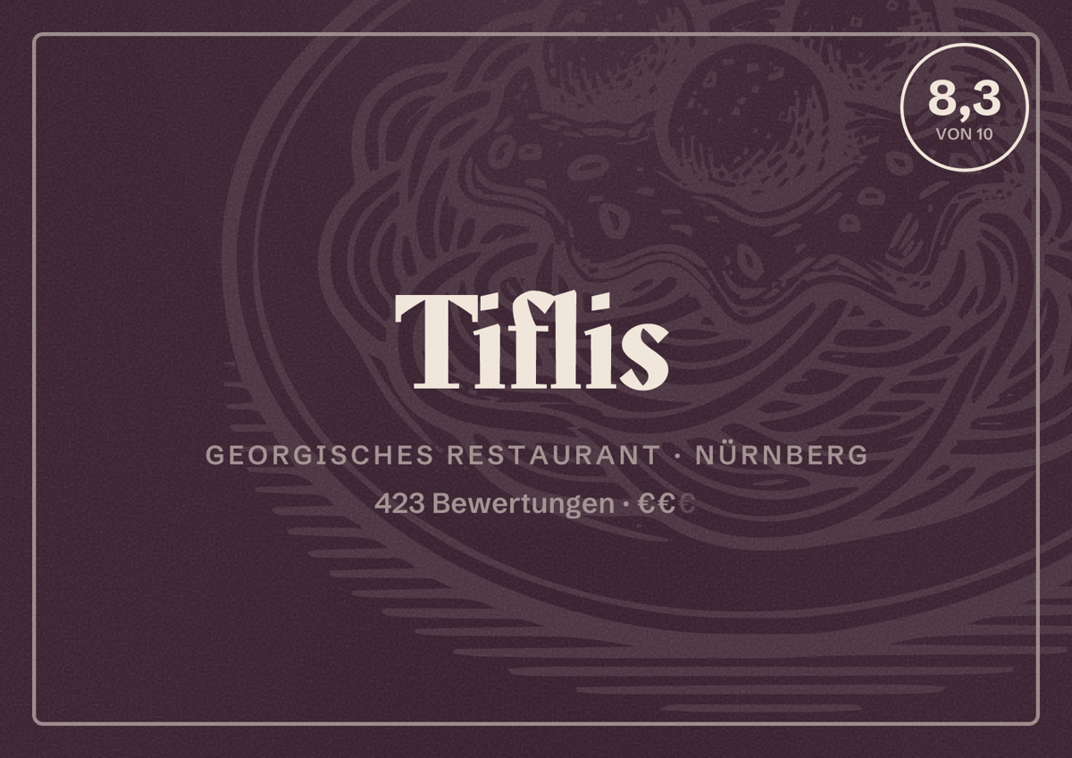 Illustriertes Poster von Tiflis, Georgisches Restaurant in Nürnberg: Bewertung 8,3 von 10 aus 423 Bewertungen, Preisniveau €€