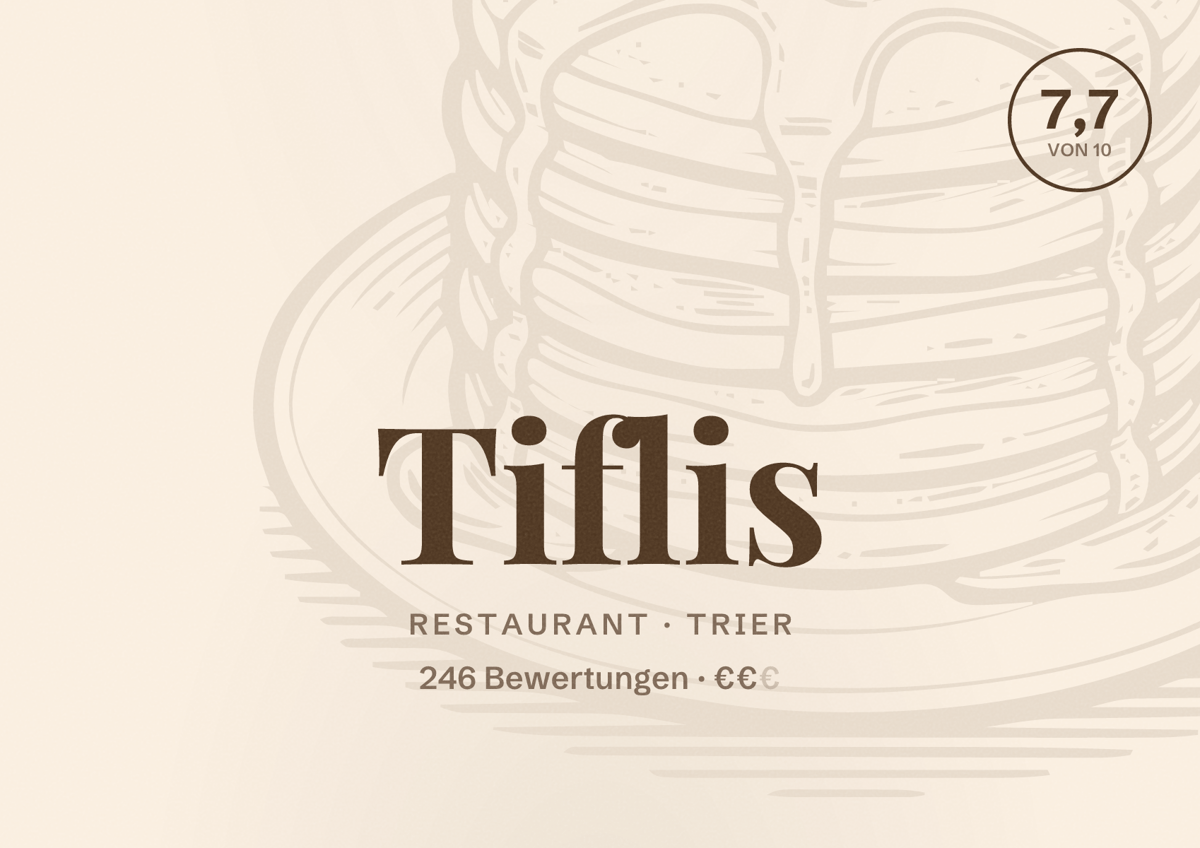Illustriertes Poster von Tiflis, Restaurant in Trier: Bewertung 7,7 von 10 aus 246 Bewertungen, Preisniveau €€