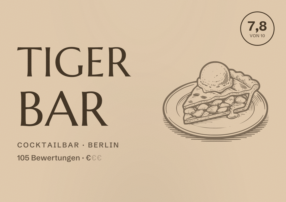 Illustriertes Poster von Tiger Bar, Cocktailbar in Berlin: Bewertung 7,8 von 10 aus 105 Bewertungen, Preisniveau €