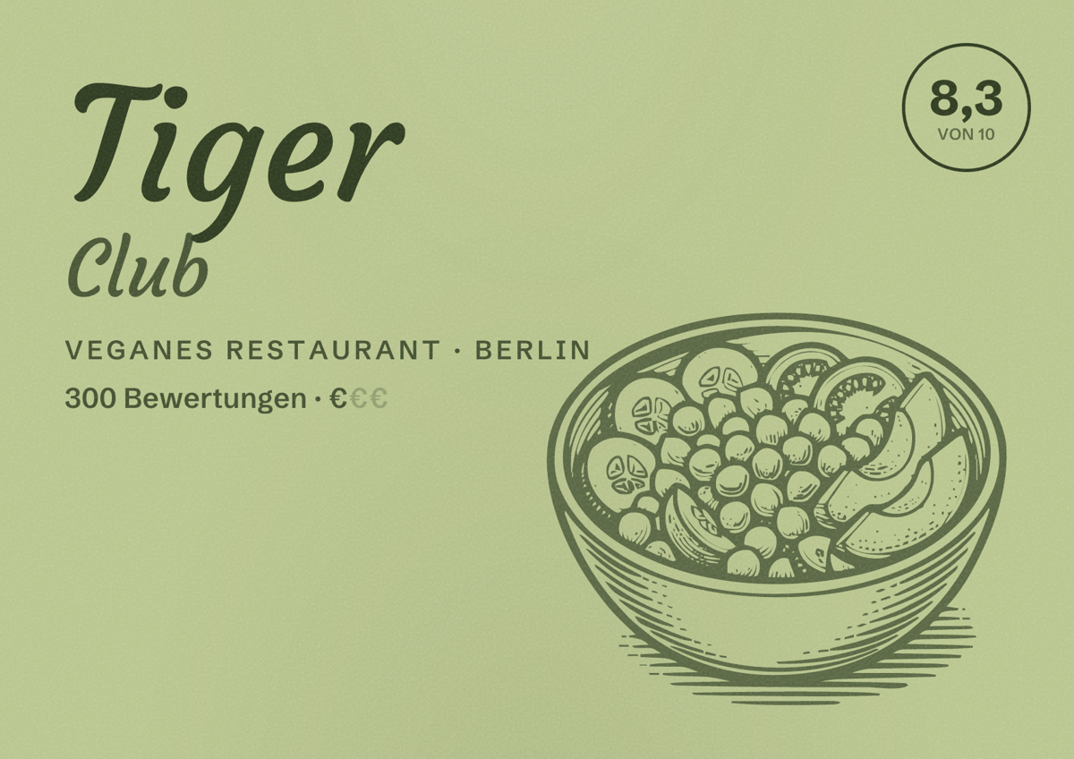 Illustriertes Poster von Tiger Club, Veganes Restaurant in Berlin: Bewertung 8,3 von 10 aus 300 Bewertungen, Preisniveau €