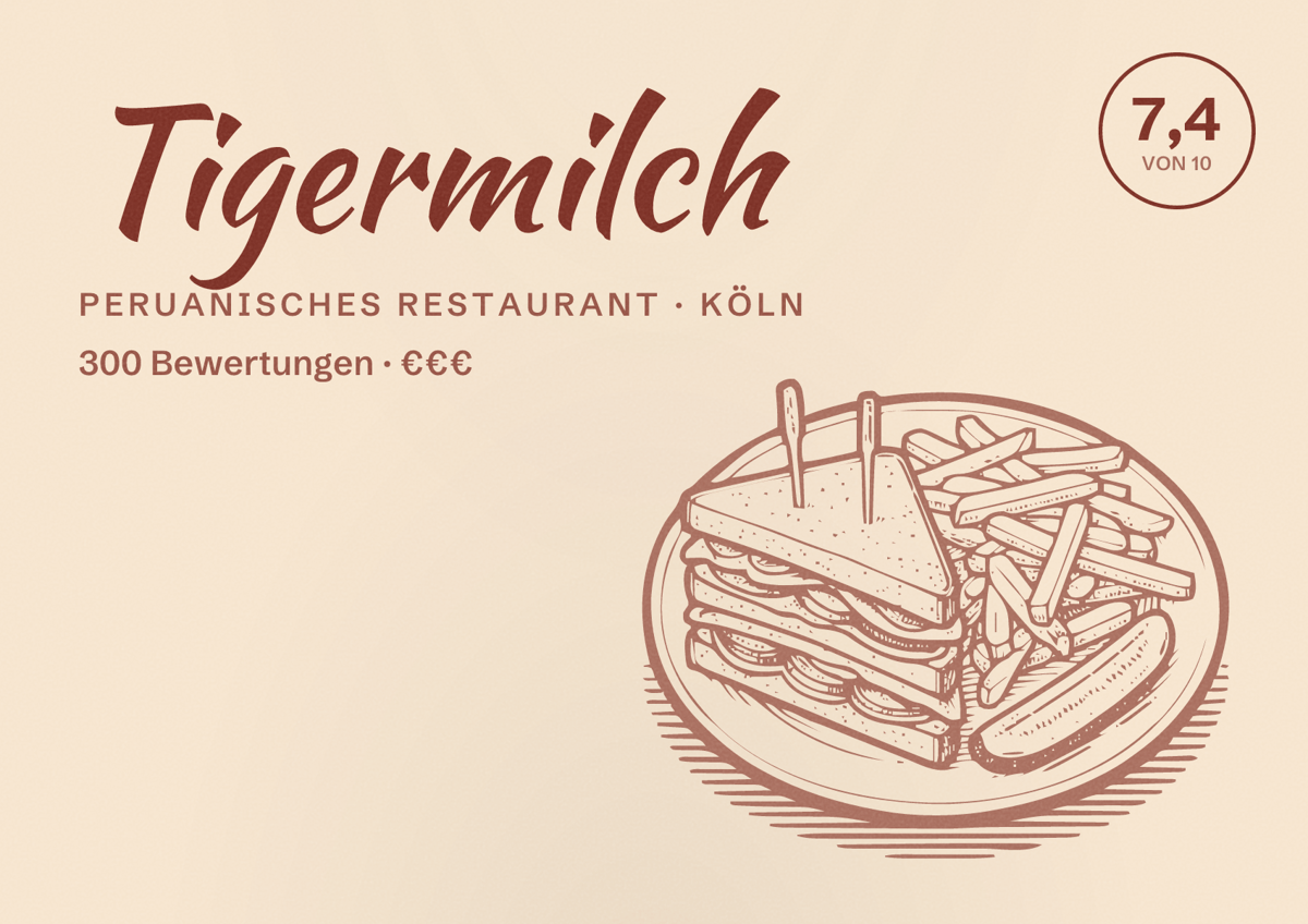 Illustriertes Poster von Tigermilch, Peruanisches Restaurant in Köln: Bewertung 7,4 von 10 aus 300 Bewertungen, Preisniveau €€€