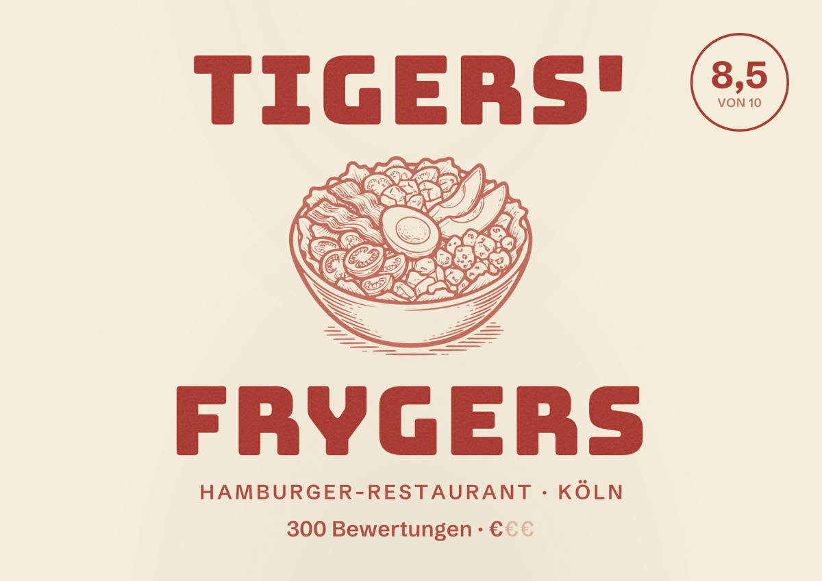 Illustriertes Poster von Tigers' Frygers, Hamburger-Restaurant in Köln: Bewertung 8,5 von 10 aus 300 Bewertungen, Preisniveau €