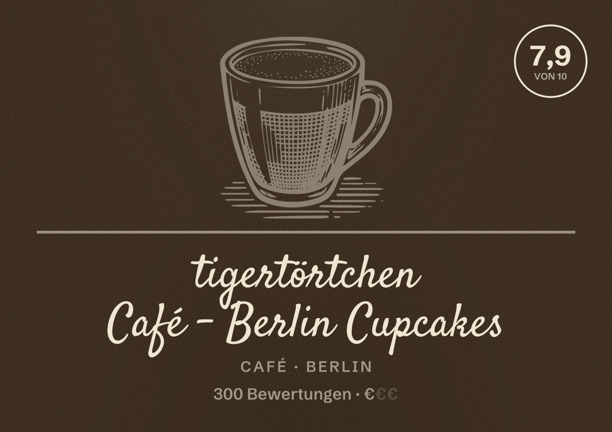 Illustriertes Poster von tigertörtchen Café - Berlin Cupcakes, Café in Berlin: Bewertung 7,9 von 10 aus 300 Bewertungen, Preisniveau €