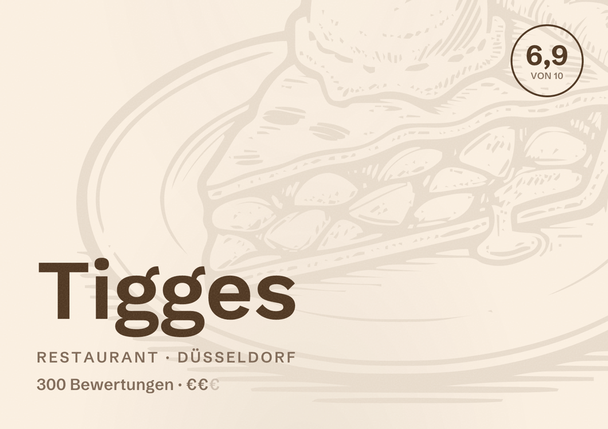 Illustriertes Poster von Tigges, Restaurant in Düsseldorf: Bewertung 6,9 von 10 aus 300 Bewertungen, Preisniveau €€