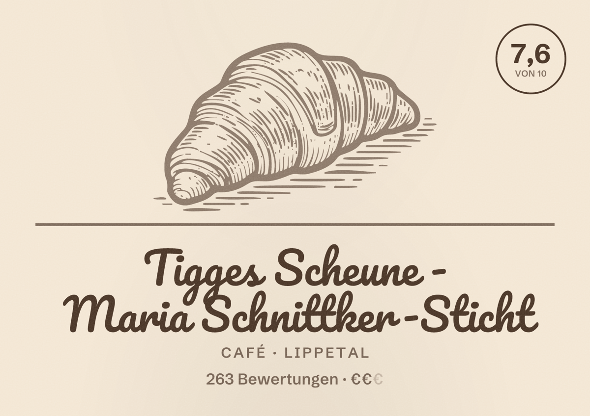 Illustriertes Poster von Tigges Scheune - Maria Schnittker-Sticht, Café in Lippetal: Bewertung 7,6 von 10 aus 263 Bewertungen, Preisniveau €€
