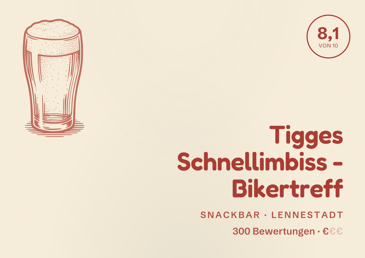 Illustriertes Poster von Tigges Schnellimbiss - Bikertreff, Snackbar in Lennestadt: Bewertung 8,1 von 10 aus 300 Bewertungen, Preisniveau €