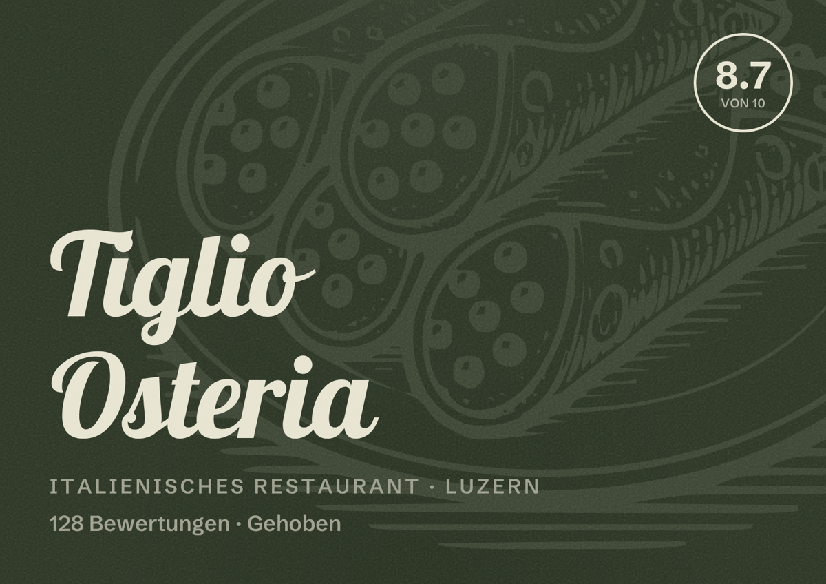 Illustriertes Poster von Tiglio Osteria, Italienisches Restaurant in Luzern: Bewertung 8.7 von 10 aus 128 Bewertungen, Preisniveau Gehoben