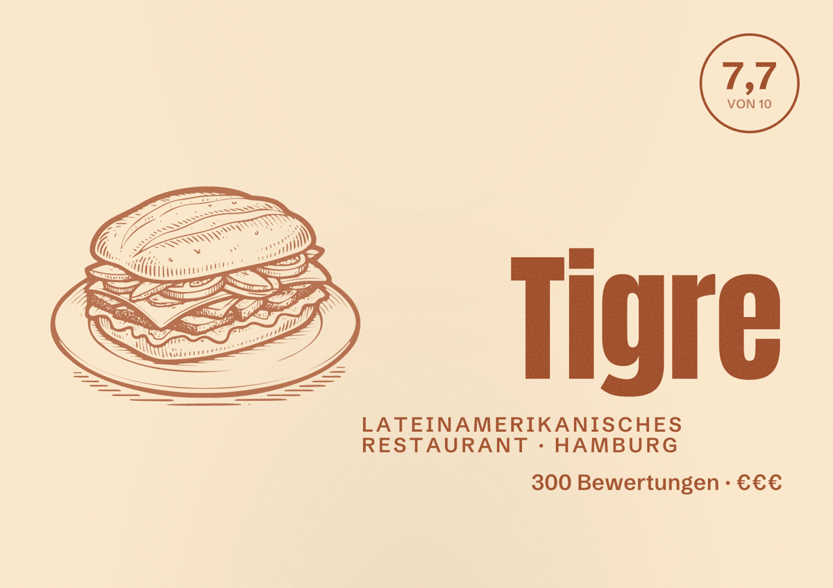 Illustriertes Poster von Tigre, Lateinamerikanisches Restaurant in Hamburg: Bewertung 7,7 von 10 aus 300 Bewertungen, Preisniveau €€€