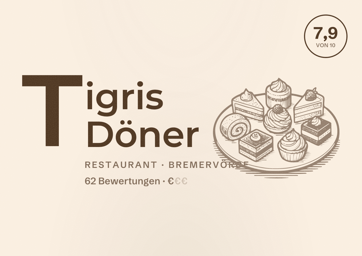 Illustriertes Poster von Tigris Döner, Restaurant in Bremervörde: Bewertung 7,9 von 10 aus 62 Bewertungen, Preisniveau €