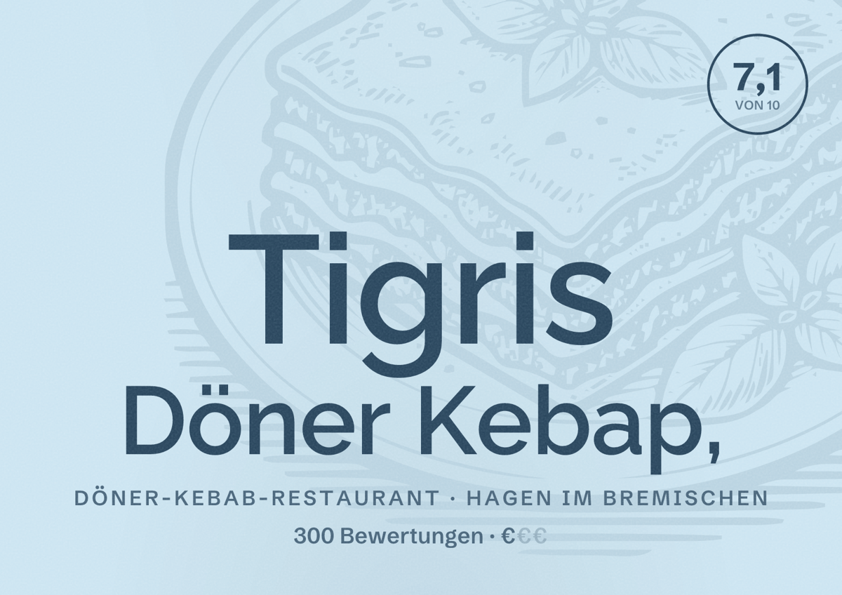 Illustriertes Poster von Tigris Döner Kebap,, Döner-Kebab-Restaurant in Hagen im Bremischen: Bewertung 7,1 von 10 aus 300 Bewertungen, Preisniveau €