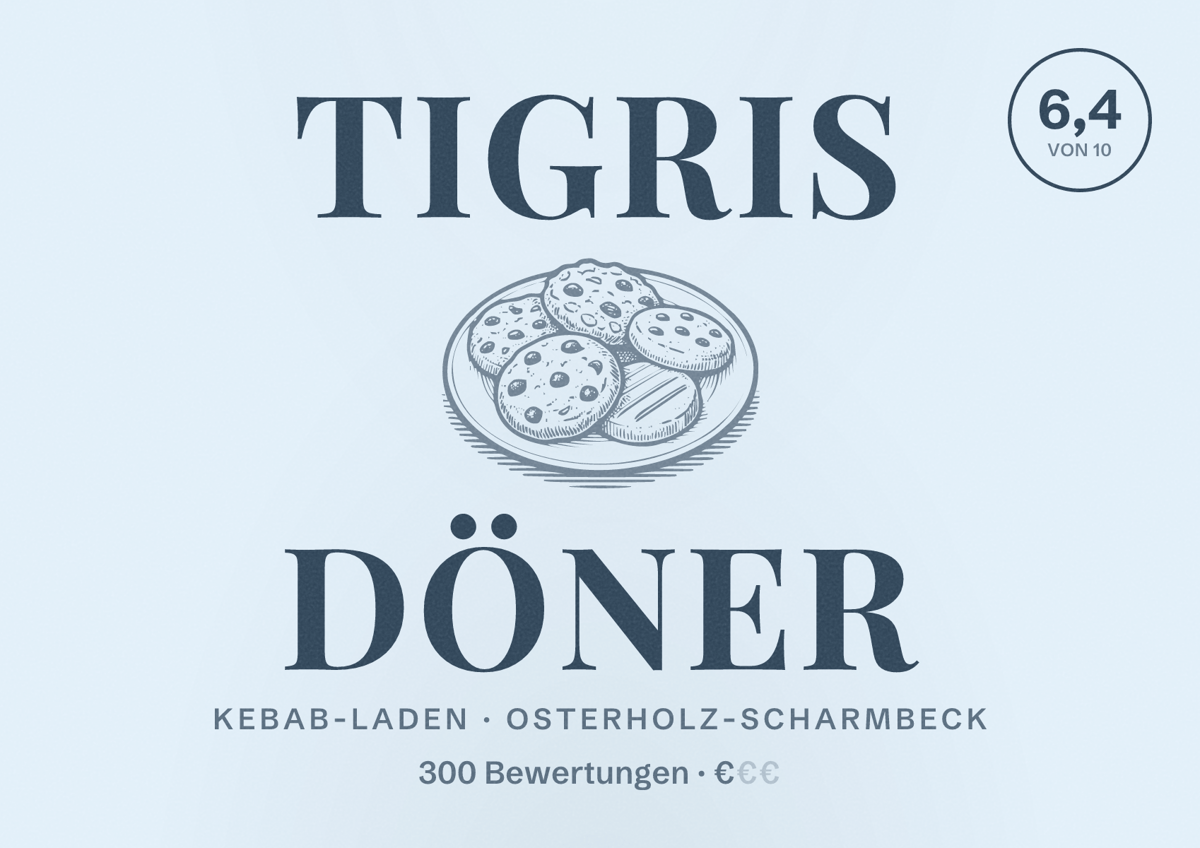 Illustriertes Poster von Tigris Döner, Kebab-Laden in Osterholz-Scharmbeck: Bewertung 6,4 von 10 aus 300 Bewertungen, Preisniveau €