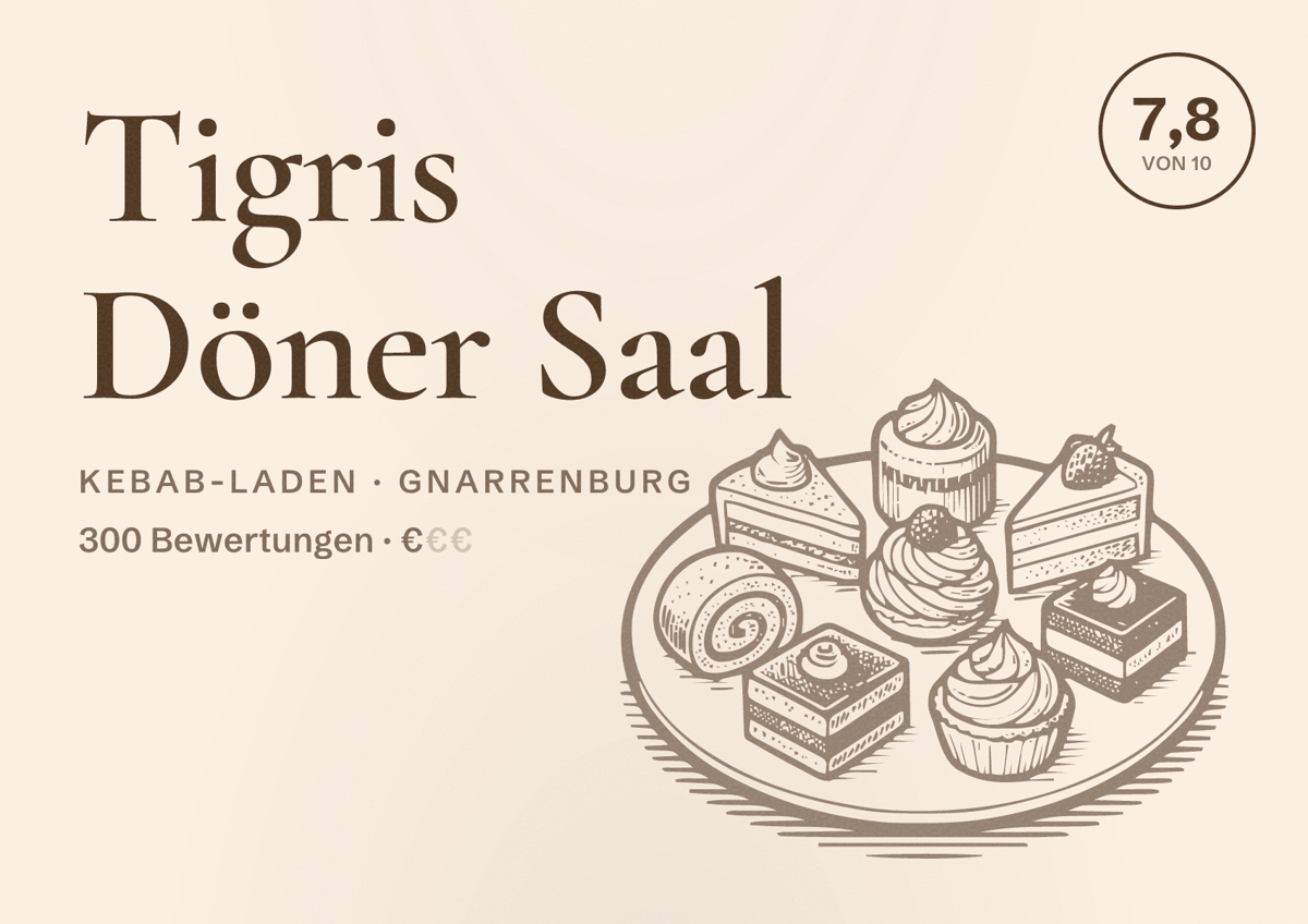 Illustriertes Poster von Tigris Döner Saal, Kebab-Laden in Gnarrenburg: Bewertung 7,8 von 10 aus 300 Bewertungen, Preisniveau €