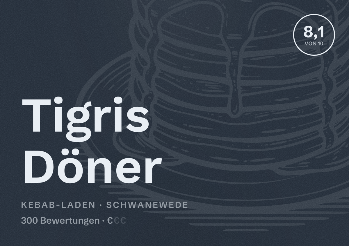 Illustriertes Poster von Tigris Döner, Kebab-Laden in Schwanewede: Bewertung 8,1 von 10 aus 300 Bewertungen, Preisniveau €