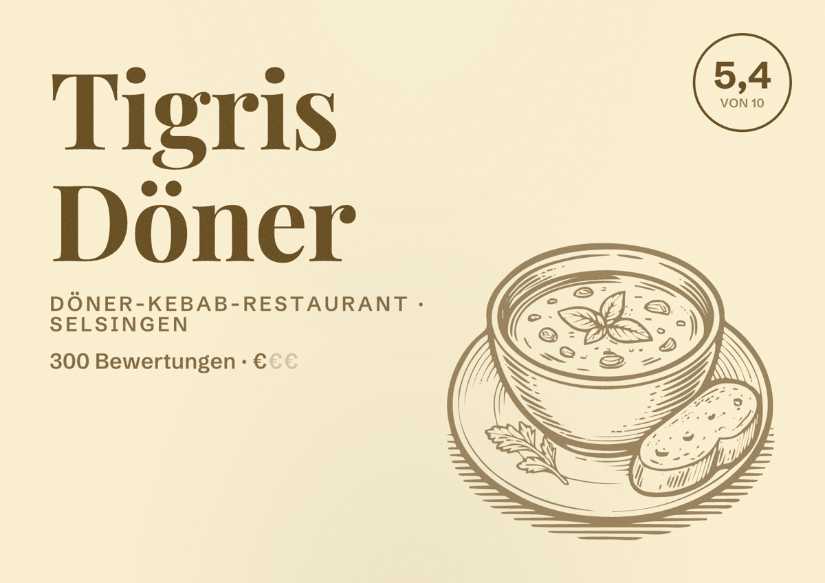 Illustriertes Poster von Tigris Döner, Döner-Kebab-Restaurant in Selsingen: Bewertung 5,4 von 10 aus 300 Bewertungen, Preisniveau €