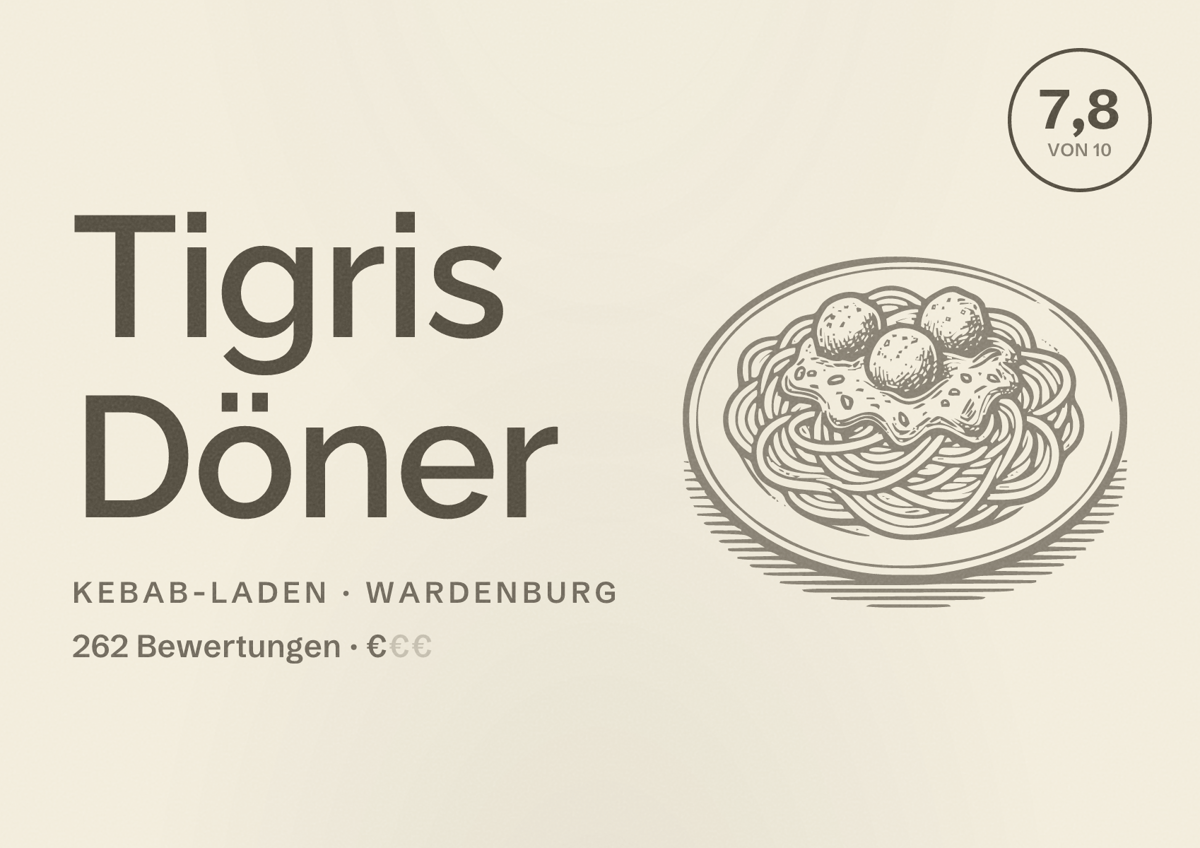 Illustriertes Poster von Tigris Döner, Kebab-Laden in Wardenburg: Bewertung 7,8 von 10 aus 262 Bewertungen, Preisniveau €