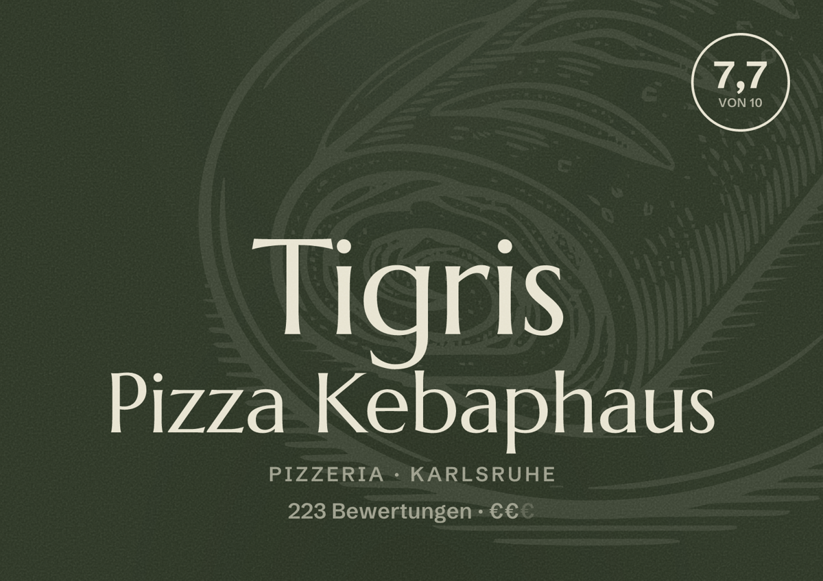 Illustriertes Poster von Tigris Pizza Kebaphaus, Pizzeria in Karlsruhe: Bewertung 7,7 von 10 aus 223 Bewertungen, Preisniveau €€