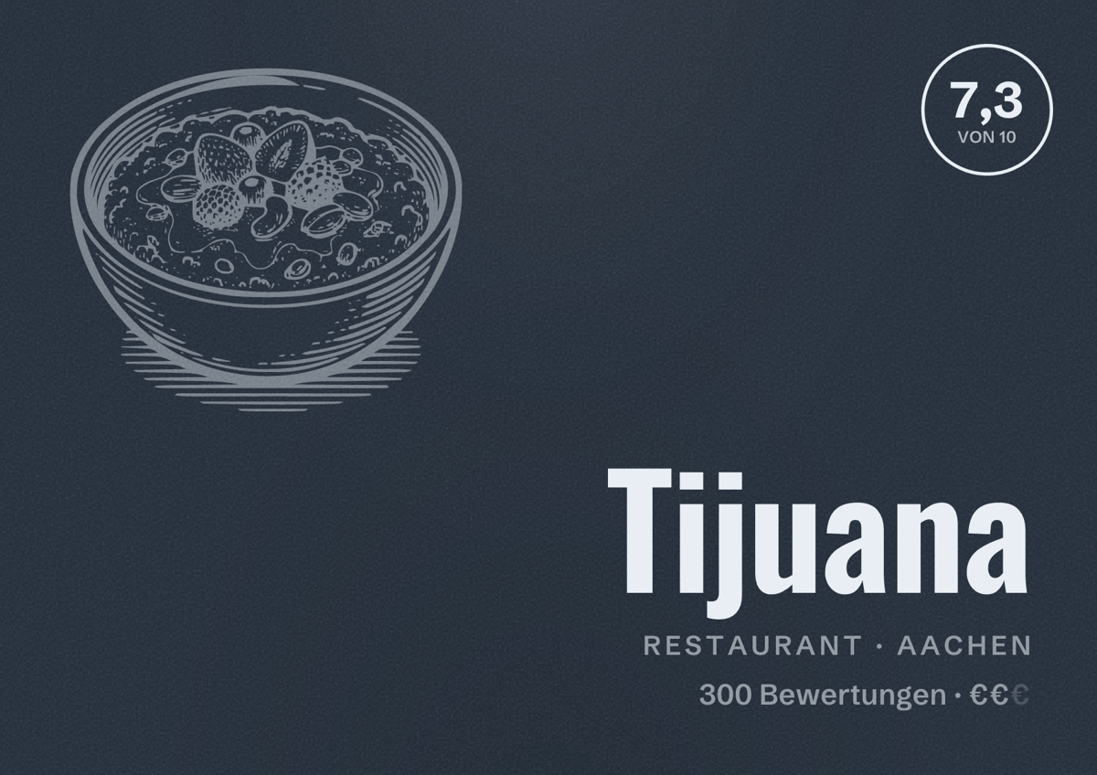Illustriertes Poster von Tijuana, Restaurant in Aachen: Bewertung 7,3 von 10 aus 300 Bewertungen, Preisniveau €€