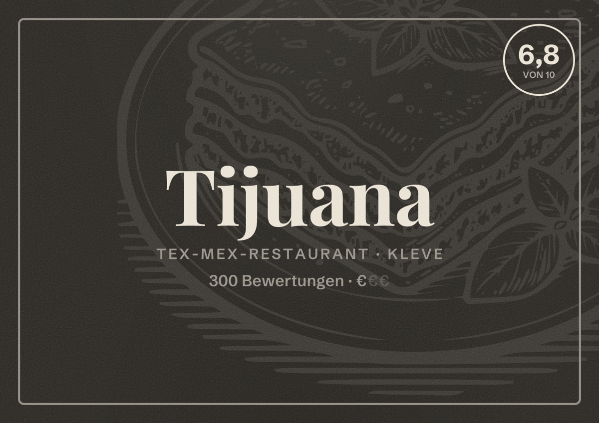 Illustriertes Poster von Tijuana, Tex-Mex-Restaurant in Kleve: Bewertung 6,8 von 10 aus 300 Bewertungen, Preisniveau €