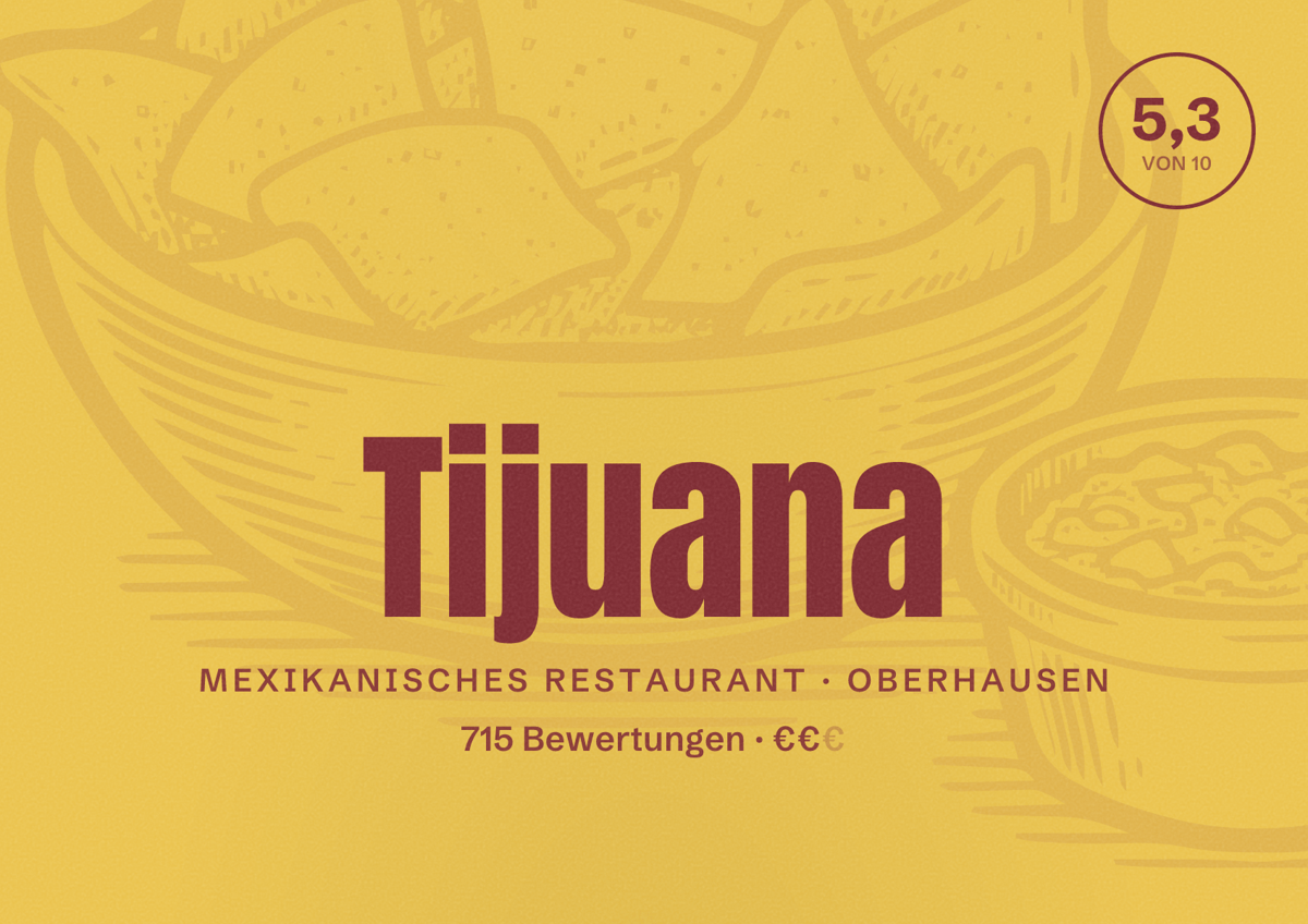 Illustriertes Poster von Tijuana, Mexikanisches Restaurant in Oberhausen: Bewertung 5,3 von 10 aus 715 Bewertungen, Preisniveau €€