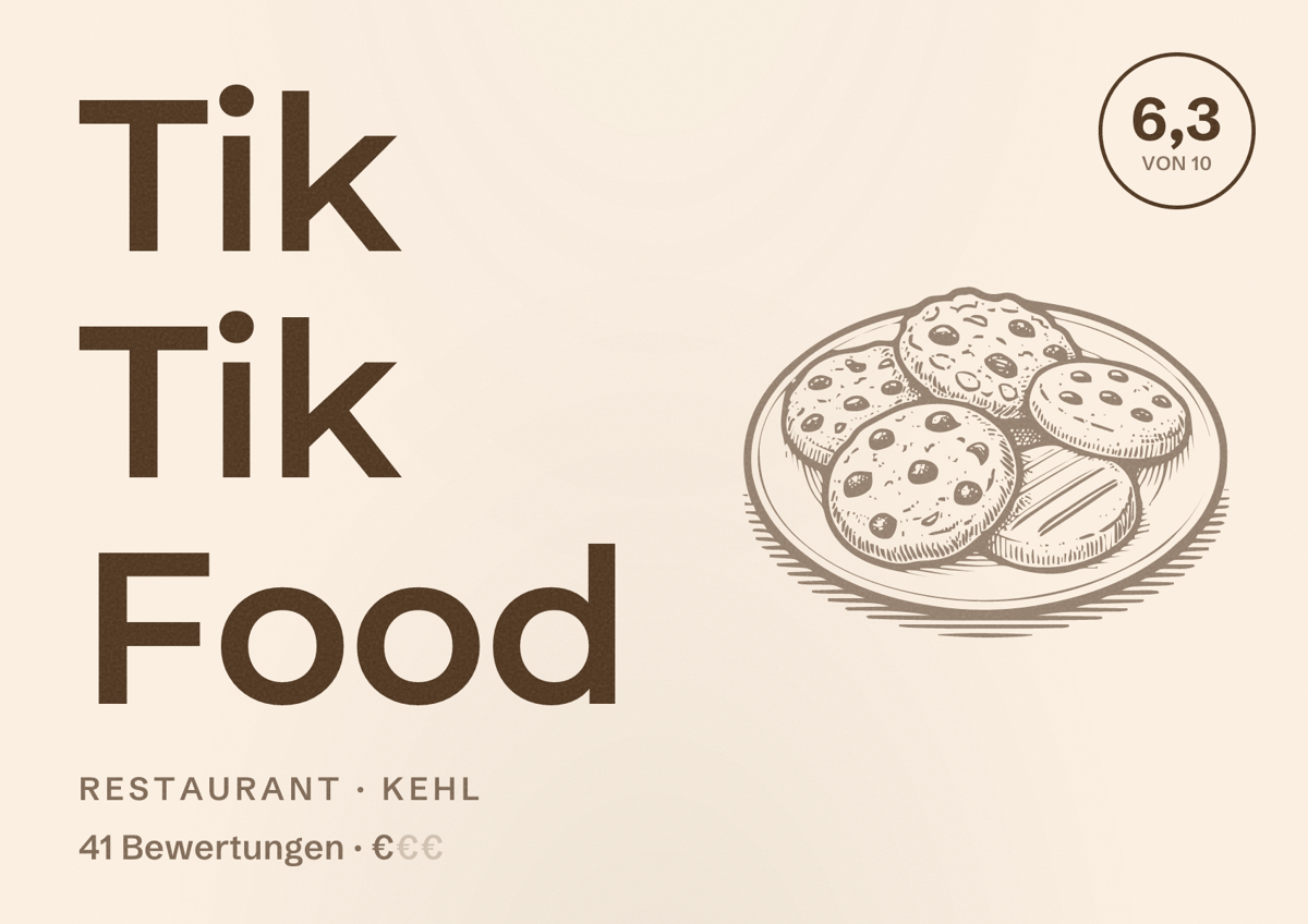 Illustriertes Poster von Tik Tik Food, Restaurant in Kehl: Bewertung 6,3 von 10 aus 41 Bewertungen, Preisniveau €