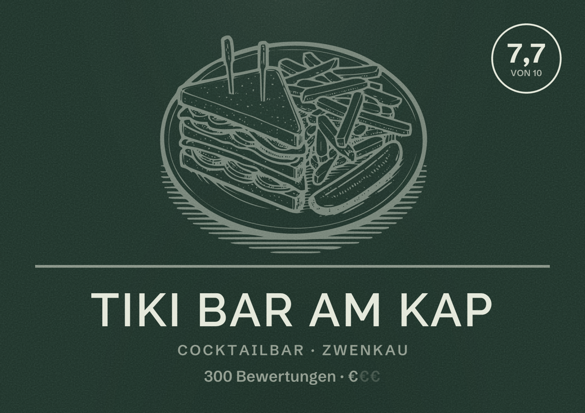 Illustriertes Poster von Tiki Bar am Kap, Cocktailbar in Zwenkau: Bewertung 7,7 von 10 aus 300 Bewertungen, Preisniveau €