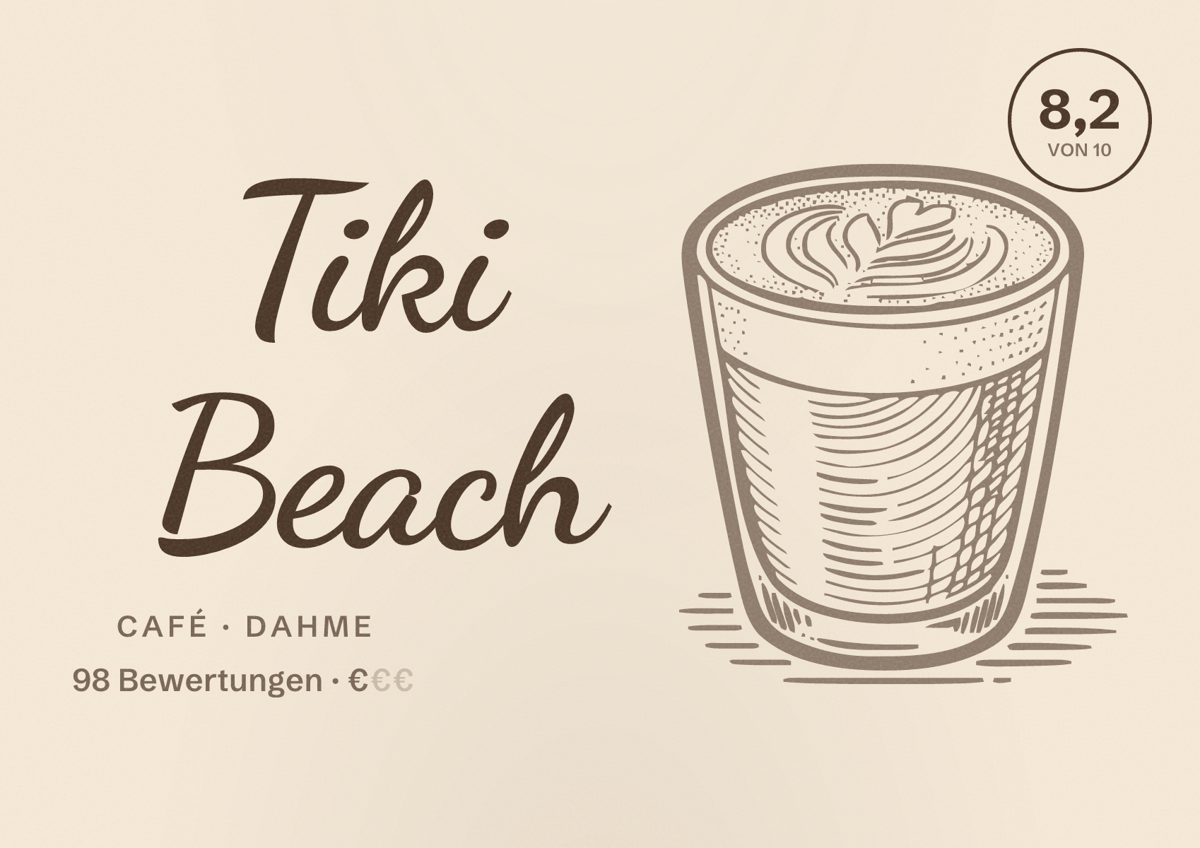 Illustriertes Poster von Tiki Beach, Café in Dahme: Bewertung 8,2 von 10 aus 98 Bewertungen, Preisniveau €