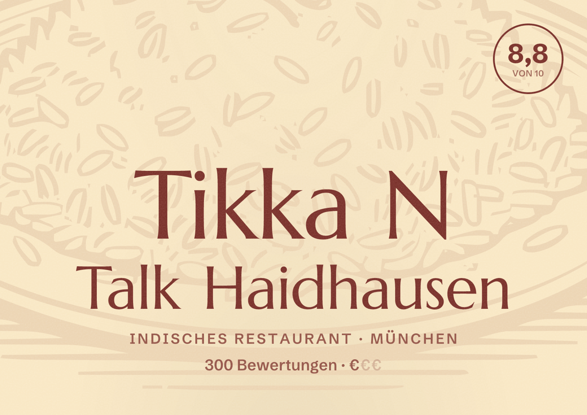 Illustriertes Poster von Tikka N Talk Haidhausen, Indisches Restaurant in München: Bewertung 8,8 von 10 aus 300 Bewertungen, Preisniveau €