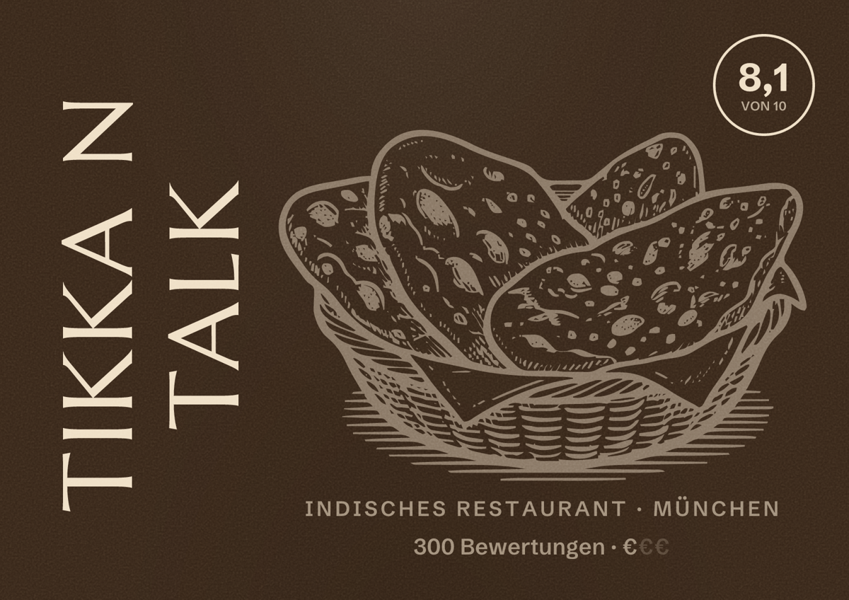 Illustriertes Poster von TIKKA N TALK, Indisches Restaurant in München: Bewertung 8,1 von 10 aus 300 Bewertungen, Preisniveau €