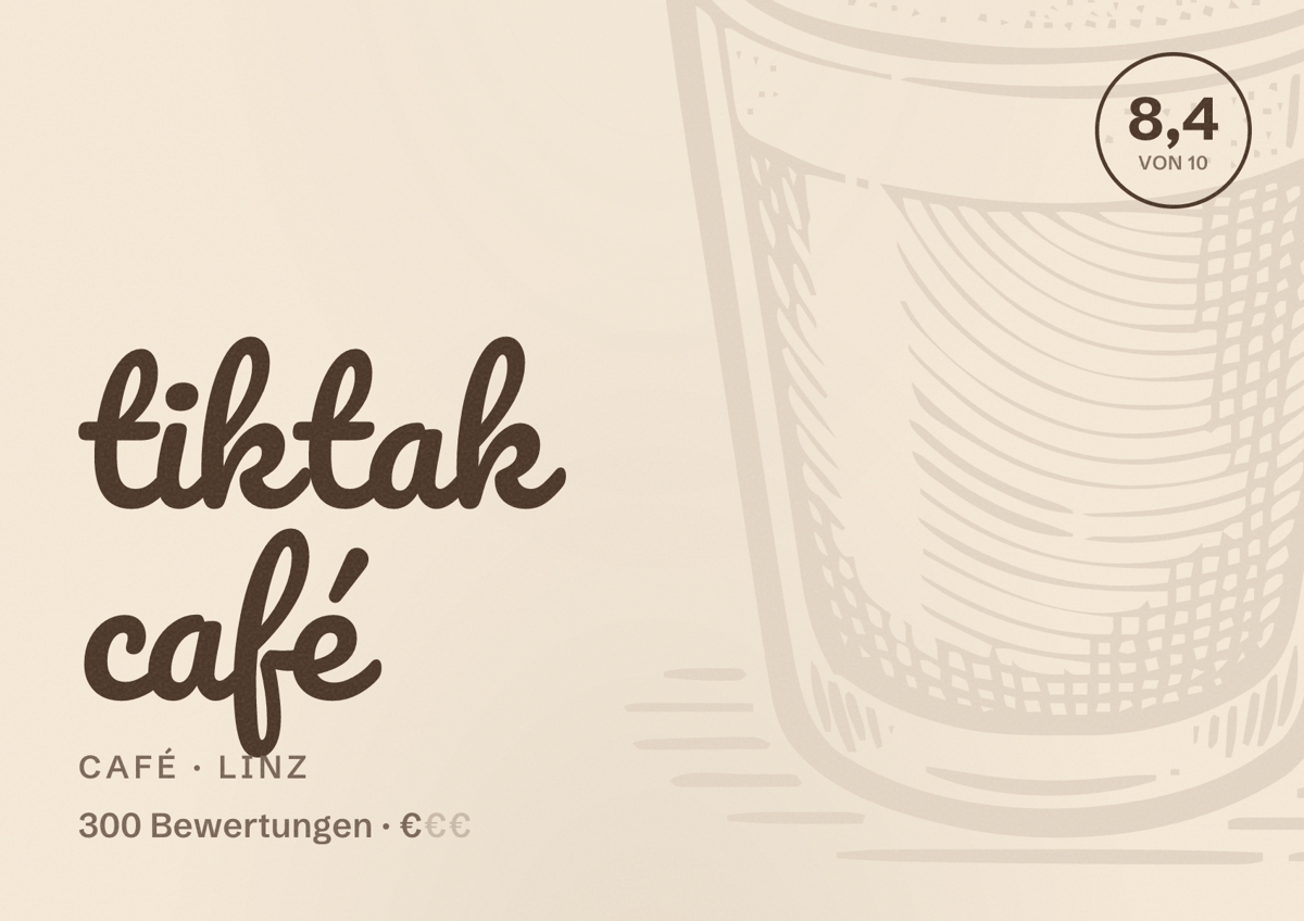 Illustriertes Poster von tiktak café, Café in Linz: Bewertung 8,4 von 10 aus 300 Bewertungen, Preisniveau €
