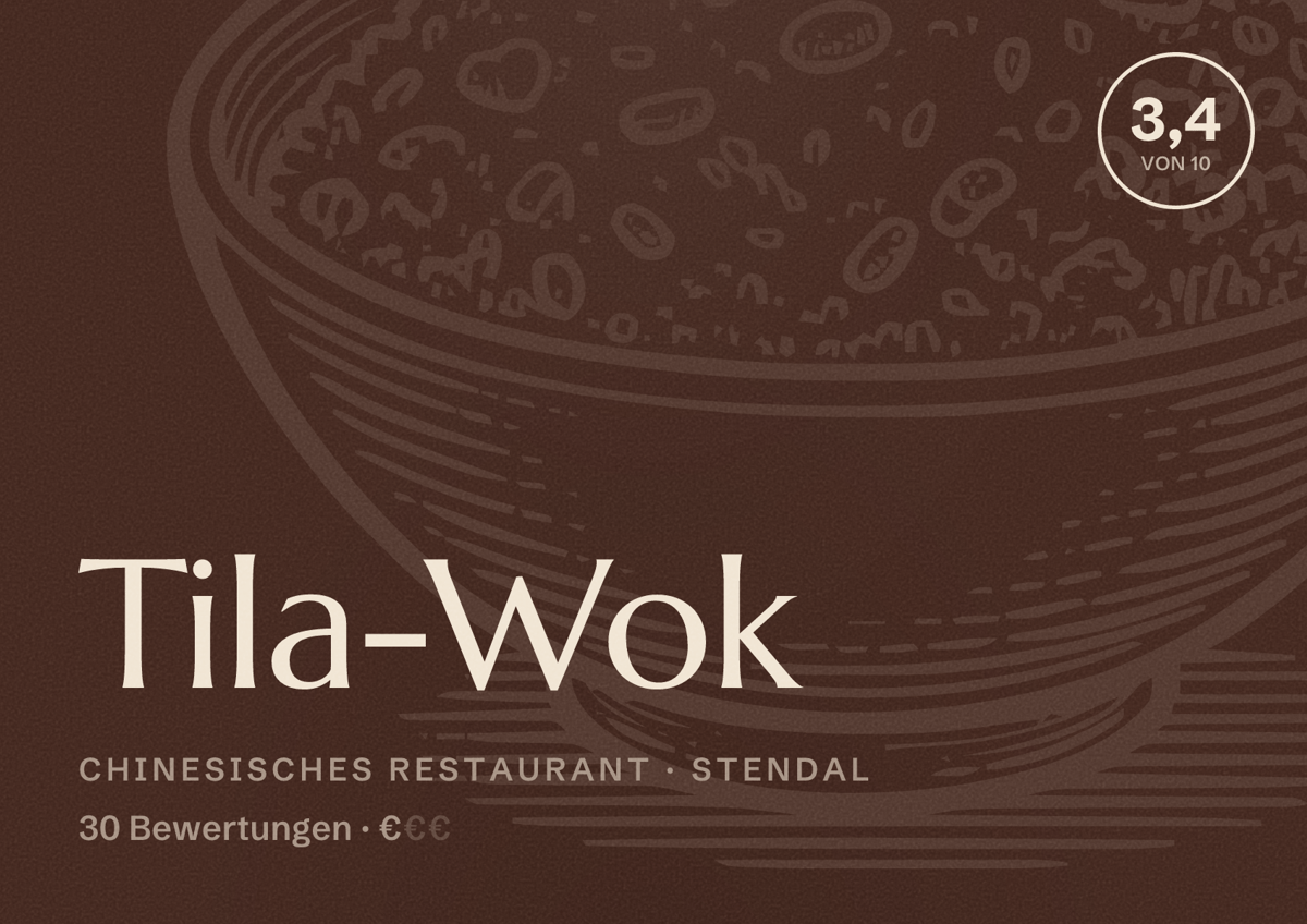 Illustriertes Poster von Tila-Wok, Chinesisches Restaurant in Stendal: Bewertung 3,4 von 10 aus 30 Bewertungen, Preisniveau €
