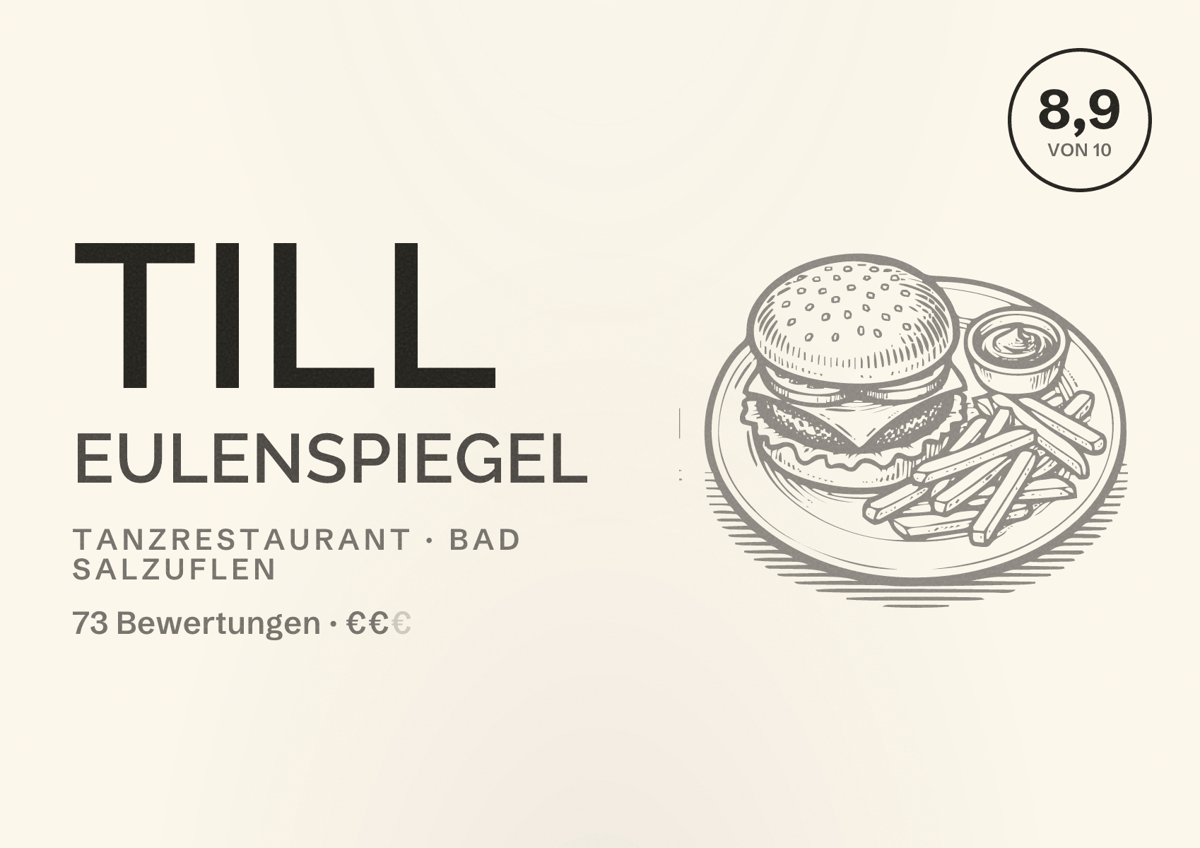 Illustriertes Poster von Till Eulenspiegel, Tanzrestaurant in Bad Salzuflen: Bewertung 8,9 von 10 aus 73 Bewertungen, Preisniveau €€