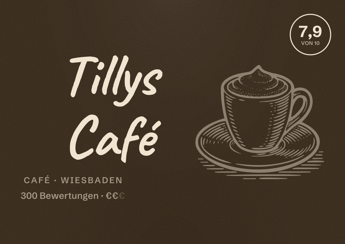 Illustriertes Poster von Tillys Café, Café in Wiesbaden: Bewertung 7,9 von 10 aus 300 Bewertungen, Preisniveau €€